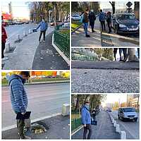 Colaj de imagini preluat din postarea lui Ciprian Ciucu de pe Facebook, în care se văd 5 poze cu trotuare pe care s-a săpat (pentru diverse lucrări) și ulterior s-a asfaltat doar fâșia săpată, nu toată lățimea trotuarului.