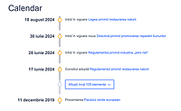 Captură de ecran de pe pagina web a Pactului Verde European (versiunea în limba română), care prezintă calendarul Pactului, cu toate evenimentele asociate, de la data lansării acestui Pact (decembrie 2019) până în august 2024.