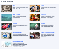 Captură de ecran de pe pagina web a Pactului Verde European (versiunea în limba română), care prezintă cele 9 domenii pe care Pactul le acoperă prin finanțări și legislație.