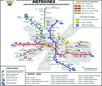 Harta rețelei de metrou din București, cu magistralele (linii) date în folosință în prezent, conform Metrorex, societatea care administrează metroul bucureștean.
