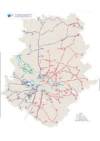 Document PDF publicat de ADITPBI, ce reprezintă Harta liniilor metropolitane din București și județul Ilfov, valabile începând cu data de 17.01.2026. Pe hartă se observă că liniile metropolitane sunt operate de 4 societăți de transport: STB operează liniile metropolitane marcate cu albastru, S.T. Voluntari operează liniile marcate cu roșu, S.T.C.M. Ecotrans operează liniile marcate cu verde, iar Regio Serv Transport pe cele marcate cu albastru deschis.